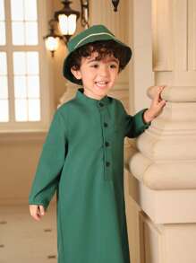 SHEIN 少年節三件套：長袖半扣衫+褲子+編織腰帶帽子 - 綠色 - 查看 3