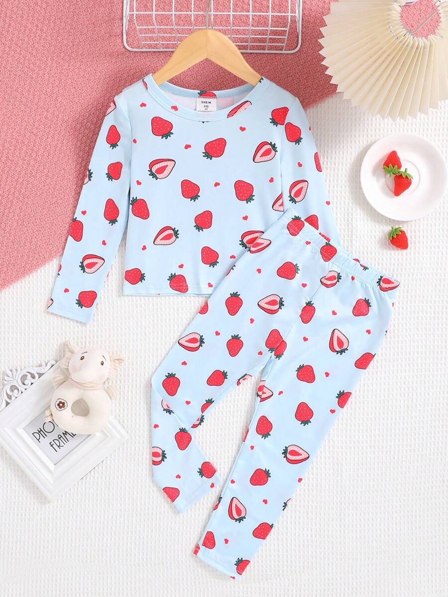 SHEIN 少女針織草莓紋圓領上衣和褲子套裝,緊身休閒居家服 - 藍色 - 查看 1