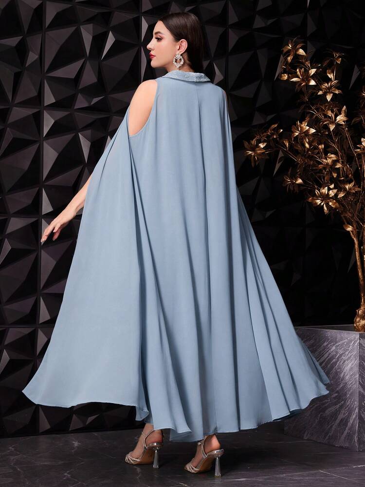 Women Floral Jacquard Textured Fabric Dress And Cold-Shoulder Cloak Sleeve Coat Two-Piece Set, Evening Gown With Cape,Elegant Evening Party Dress 2 Piece Set