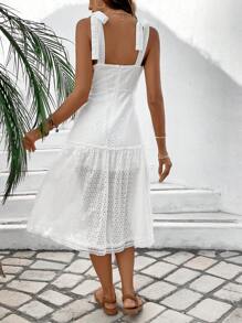 SHEIN LUNE Ladies Solid Color Hollow Out Embroidery Straps Dress - White - View 2
