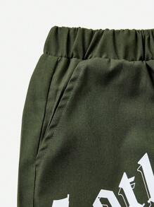 SHEIN Cậu bé Tween Giải trí Lá thư & Bộ xương In tay Vá lại Hình nón Dệt Quần - xanh quân đội - Xem 3