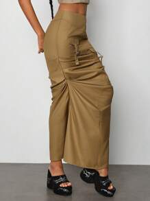 TRANG DUONG Designer Gerüschter, einfarbiger Cargo-Rock, geeignet für Sommer, Urlaub, Party, Strand, Festival, Ibiza - Braun - Übersicht 3