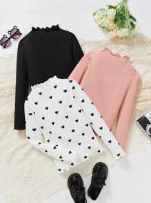 SHEIN Tween Girl 3pcs/Set Knit Stand Collar Heart Pattern Casual T-Shirt