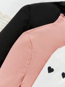 SHEIN Tween Girl 3pcs/Set Knit Stand Collar Heart Pattern Casual T-Shirt