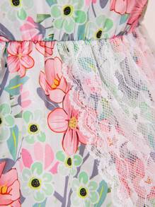 Baby Girl Vintage Style Lace Panel Floral Print Colorblock Ruffle Hem Dress - Pink - View 3