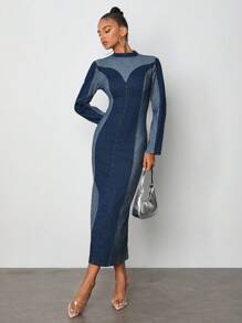 CLASSIC ROYALTY 设计师双色长袖优雅牛仔女牛仔连衣裙，适合节日、派对、生日服装、春夏、节日、婚礼舞会礼服