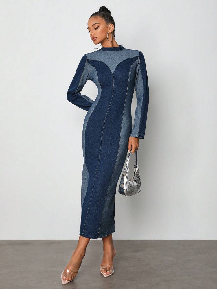 Designer Two-Tone Long Sleeve Elegant Cowgirl Denim Dress, For Holiday, Party, Birthday Outfits, Spring & Summer, Festival, Wedding Prom Dress