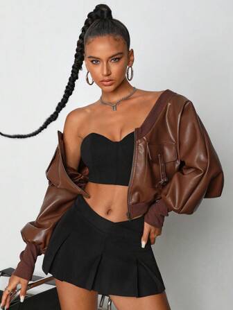 TRANG DUONG 设计师纯色落肩短款 PU 夹克，秋季，适合秋冬季、假日、度假、节日