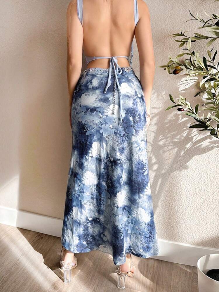 Women's Y2k Blue Floral Tie Dye Printed Skirt