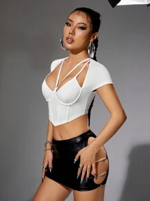 SHEIN ICON Y2k Summer Women's Slim Fit Waist Cincher & Underwire Chest Design T-Shirt - White - View 4