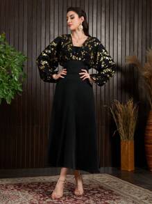 Modelyn Vestido De Manga Murciélago Para Mujer Con Estampado Floral Y Parches - Negro - Ver 8