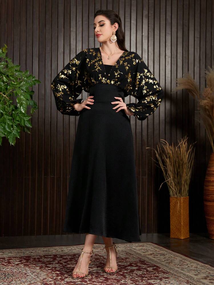 Women's Floral Printed Patchwork Batwing Sleeve Dress Fall Cloth For Women