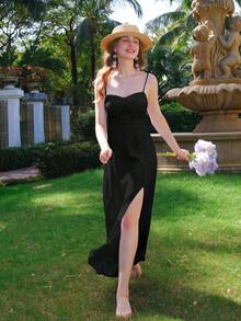 Lace-Up Waist Side Slit Dress - Black - View 3