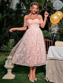 Glamaker Women's Off Shoulder Lace Cocktail Party Formal Dress - Pink - View 5