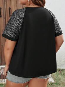 SHEIN LUNE 大尺碼珠飾拼布拉鏈裝飾短插肩袖 T 卹 - 黑色 - 查看 4