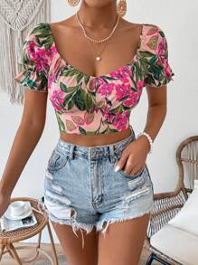 SHEIN Frenchy 女式露肩短袖植物印花衬衫、短袖上衣 - 彩色 - 查看 5