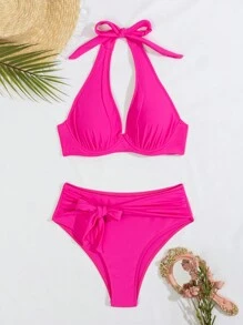 SHEIN Swim 夏季女士吊带侧蝴蝶结抹胸比基尼套装 - 粉色 - 查看 6