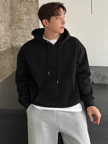 DAZY Men Kangaroo Pocket Drop Shoulder Drawstring Hoodie Without Tee - Black - View 7