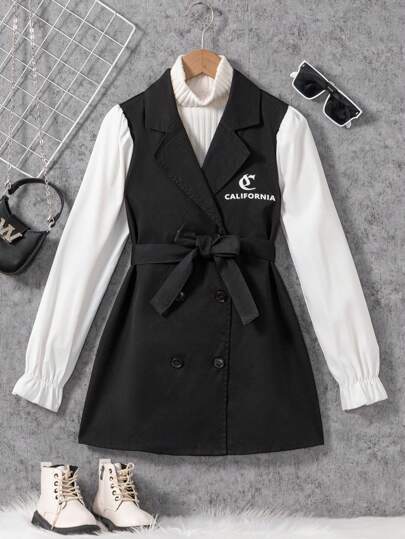 1pc Tweed Trench Coat With Contrast Bell Sleeves, Double Breasted & Waist Belt, For Tween Girls