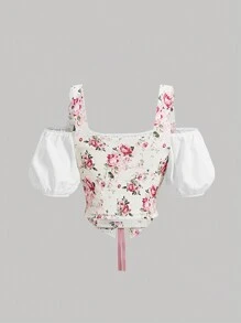 SHEIN MOD Women'S Floral Print Puff Sleeve Vintage Top With Waist Tie - Multicolor - View 2