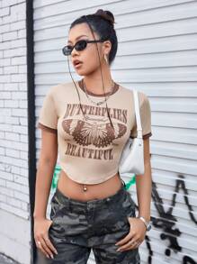 Gameset SHEIN Sport Butterfly & Letter Printed Color Block Crop Athletic T-Shirt - Khaki - View 5