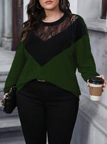 Calvaya Plus Size Women's Lace Spliced Ribbed Sweatshirt Pullover Fall Winter Autumn - Green - View 4