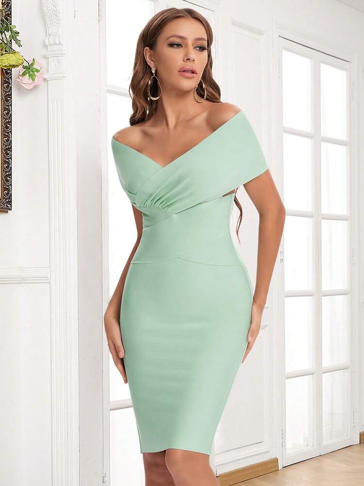 green emerald velvet dress SHEIN Ruffle Trim One Shoulder Pleated Hanky Hem Belted Floral Dress | Dress