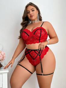 Plus Size Lace Cross Strappy Sexy Lingerie Set - Multicolor - View 4