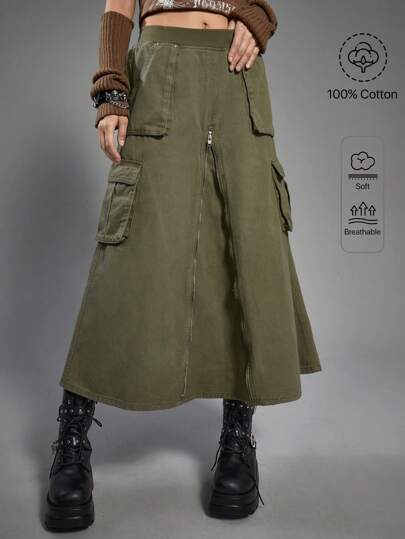 SHEIN x PRISCILA & JIMENA Grunge Punk Flap Pocket Zip Up Denim Skirt, School