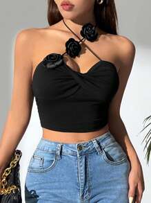 SHEIN PETITE Women's Crossed Straps Floral Decorated Sleeveless Top - Black - View 4