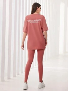 Mulvari Conjunto de 2 piezas para mujer con camiseta de manga caída con estampado de letras y pantalones largos