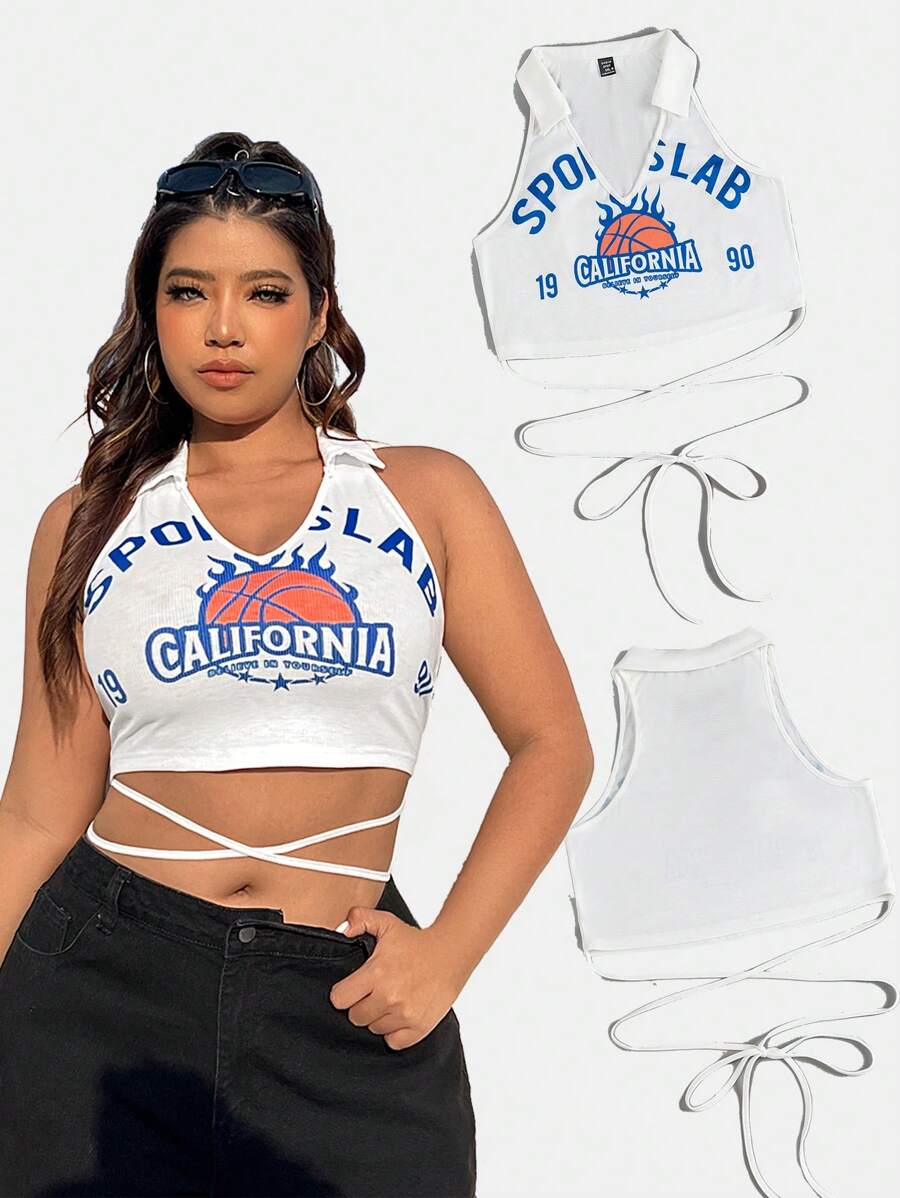 SHEIN EZwear Plus Size Basketball & Letter Print Tank Top For Summer-White - White - View 1