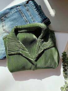 SHEIN Comfortcana 女士短款生菜下摆衬衫、长袖上衣 - 綠色 - 查看 4