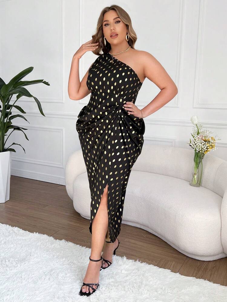 Plus Size Asymmetrical Neck Polka Dot Dress