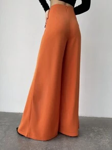 Firerie 女士夏季日常簡約優雅休閒度假海灘約會藍色高腰中分側開叉褶皺寬鬆長褲