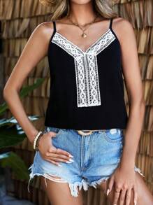 SHEIN LUNE Color-Block Lace Trim Cami Top