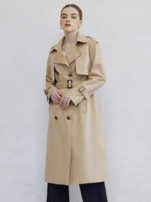 女士时尚翻领双排扣中长款风衣，带腰带和口袋，长款插肩袖 - 卡其色 - 查看 4