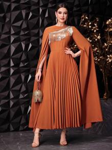 Modelyn Women's Glitter Fringed Hollow Out Cape Sleeve Bodycon Dress,Elegant Evening Party Dress Long Evening Dresses - Orange - View 3