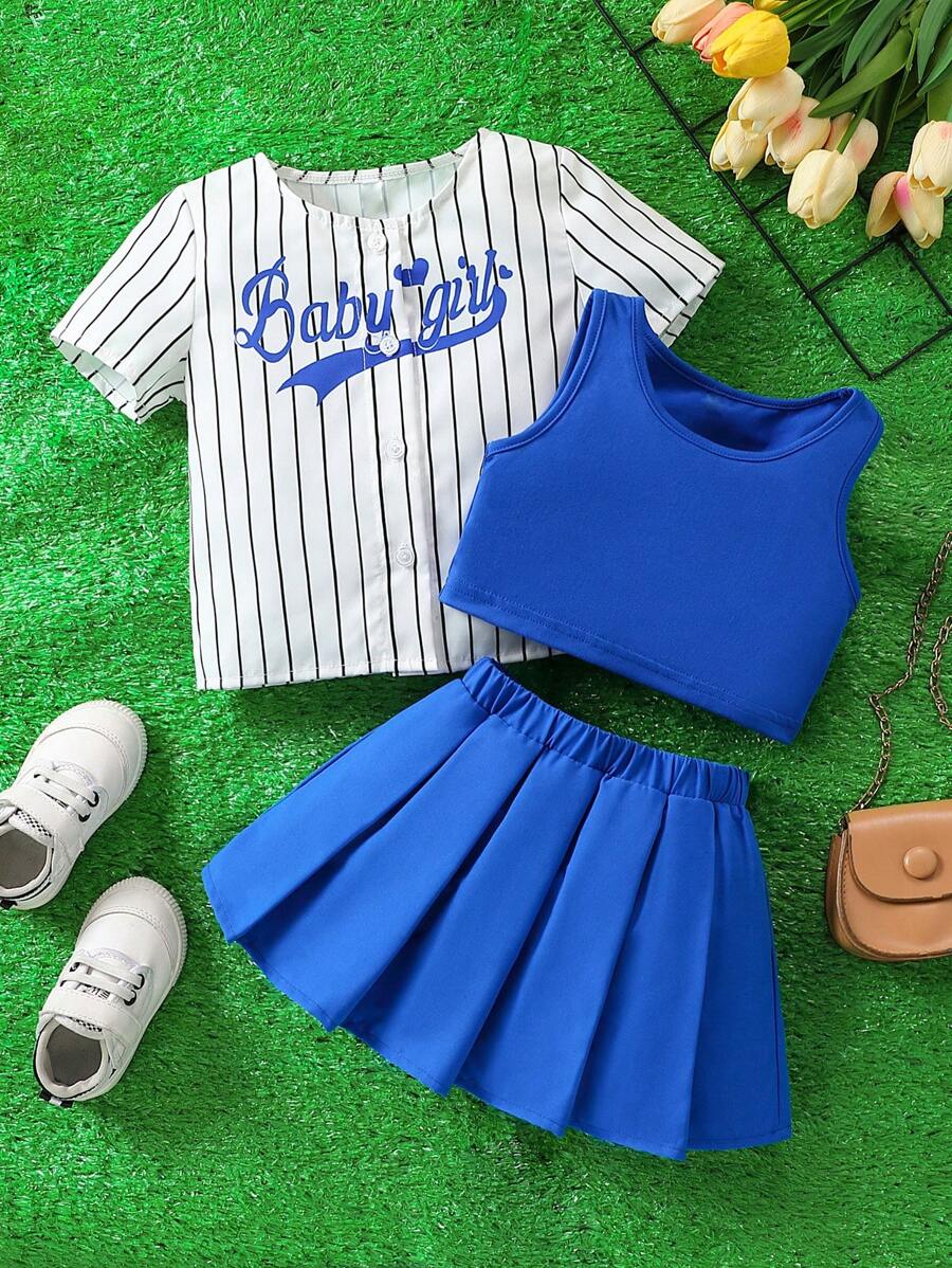 Baby Girl Street Style, Fashionable Striped Short Sleeve Shirt, Comfortable Crop Top, Pleated Skirt Three Piece Set With Letter Printed, Summer