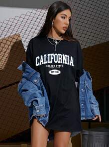 SHEIN Unity California Letter Printed Simple Graphic T-Shirt - Black - View 1