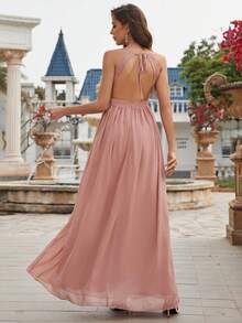 Spaghetti Strap Ruffled Back Chiffon Bridesmaid Dress - Dusty Pink - View 2