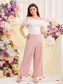 SHEIN 少女针织撞色网眼荷叶边下摆休闲露肩褶饰T恤 - 白色 - 查看 3
