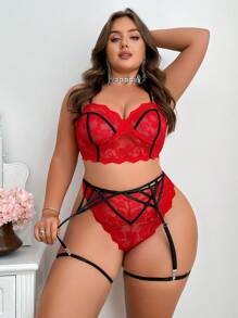 Plus Size Lace Cross Strappy Sexy Lingerie Set - Multicolor - View 1
