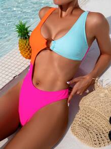 SHEIN Swim Women's Color Block Hollow Out One Piece Bathing Suit With Waist Cutout Summer