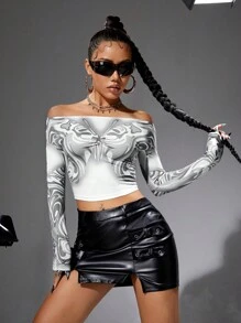 SHEIN ICON Y2k Spring Slim Fit Butterfly Printed Off-Shoulder Women's T-Shirt With Illusion Liquid Design - Black and White - View 1