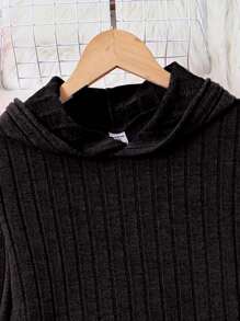 Teen Girls Solid Color Ribbed Knitted Patch Detailed Two-Piece Set - Black - View 4