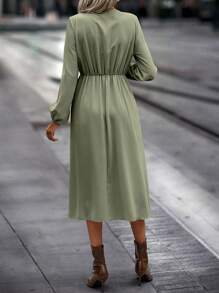 SHEIN Clasi Solid Pleated Detail Surplice Neck A-line Dress - Green - View 2