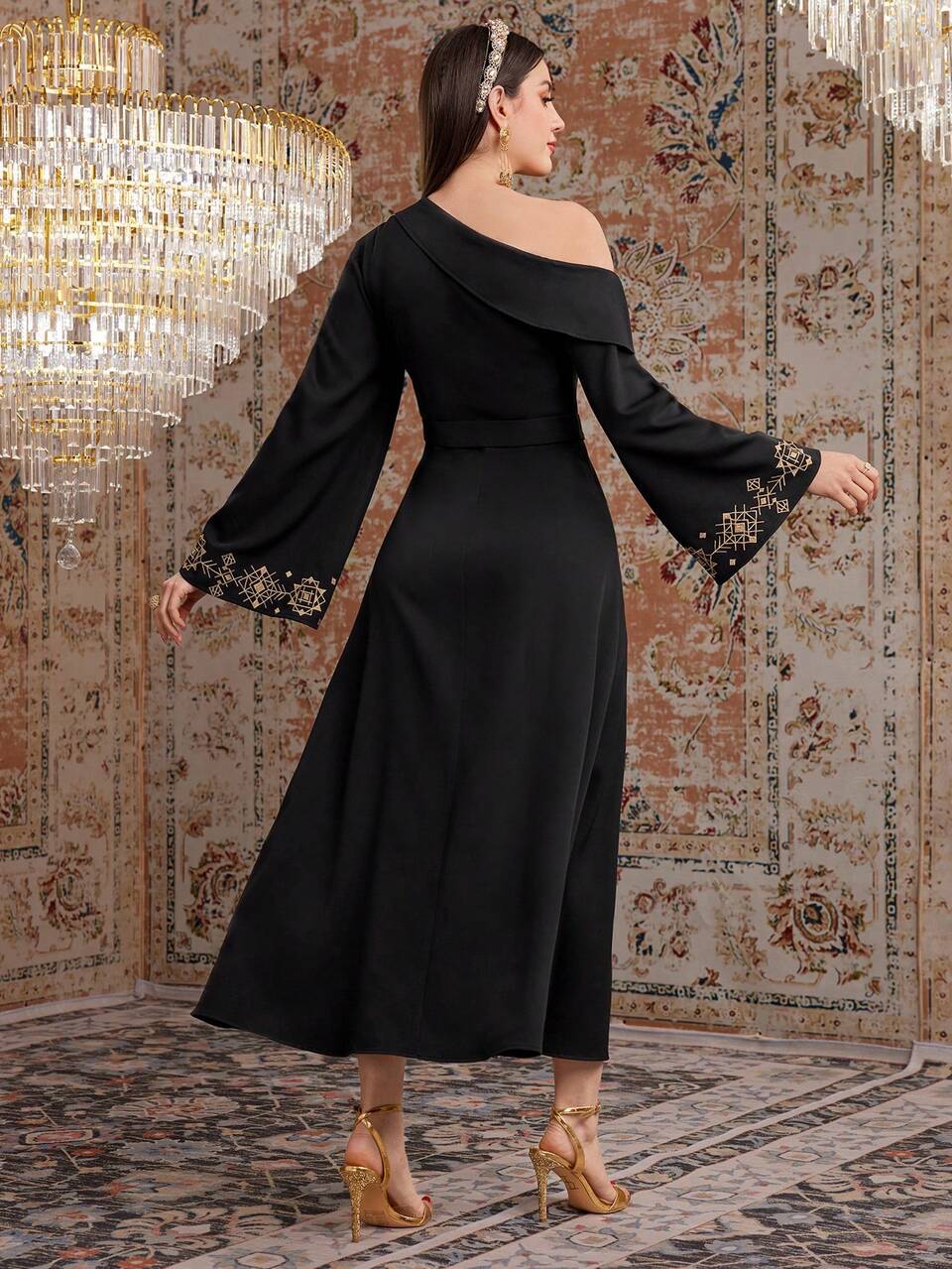 Women's Geometric Pattern Asymmetrical Neckline Flare Sleeve Dress,Elegant Evening Party Dress Long Evening Dresses