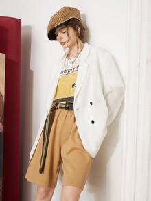 女款白色蕾絲鏤空雙排扣西裝外套,春夏新品 - 白色 - 查看 3