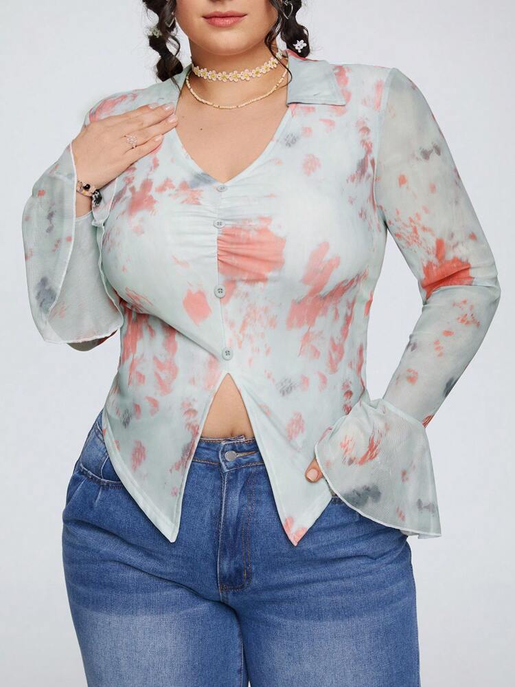 Plus Size Women's Tie Dye Print Mesh Shirt